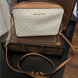 Michael Kors Tan and White Crossbody Bag